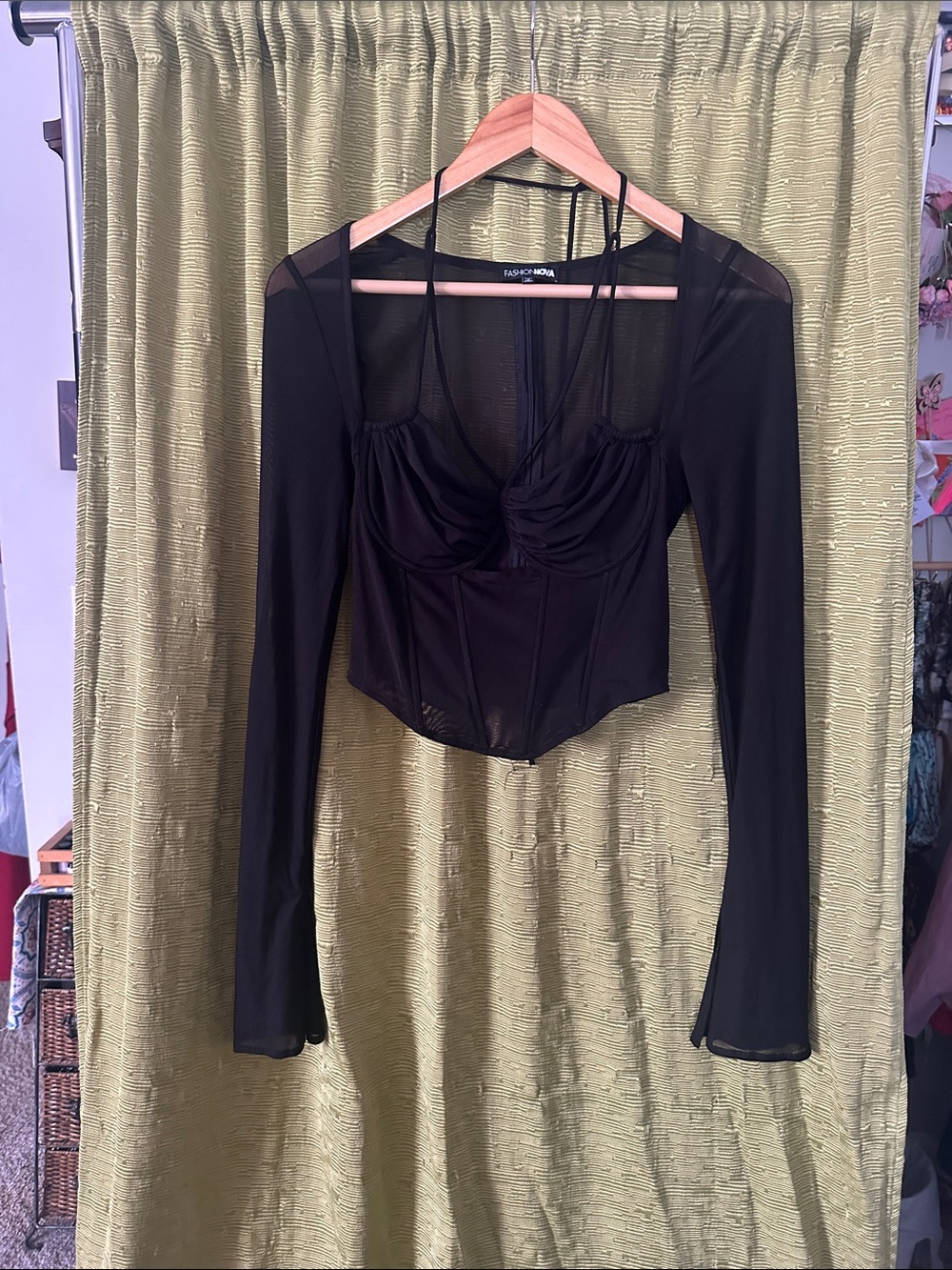 Fashion Nova Black Long Sleeve Sheer Corset Top